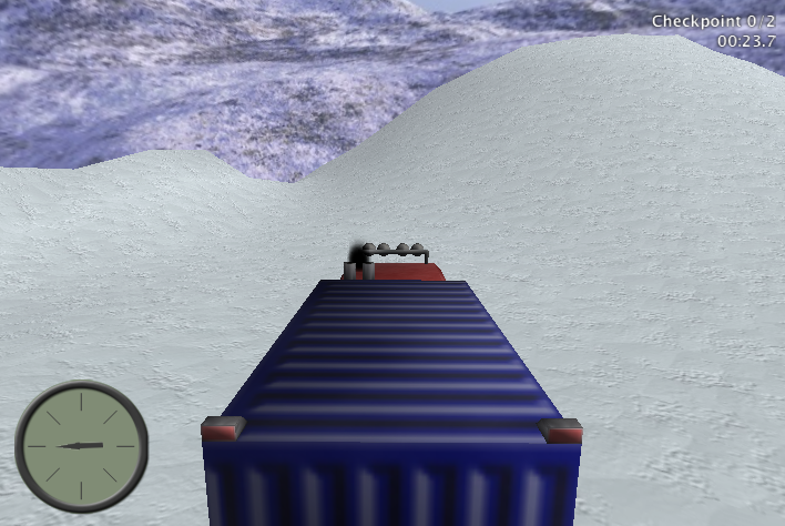 Screenshot showing the snowcat from behind, a compass pointing to the next checkpoint in the lower left corner, and a display with a counter for passed checkpoints and a clock in the upper right corner