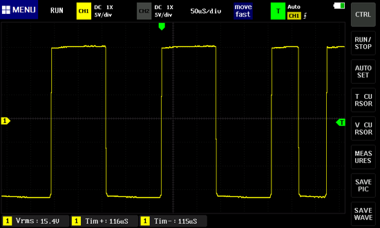 An irregular square wave shown on an oscilloscope.