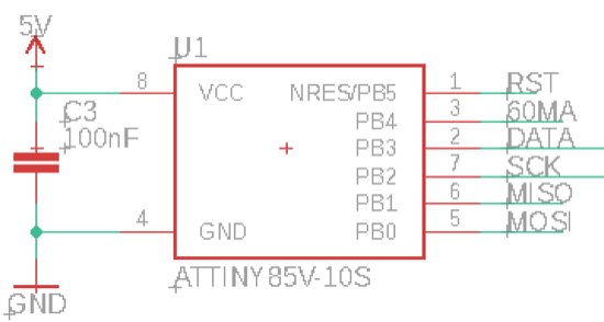 Ausschnitt aus dem Schaltplan. Zeigt einen Mikrocontroller und den Kondensator.