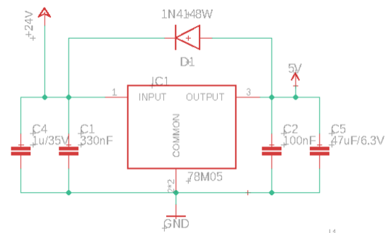 Ausschnitt aus dem Schaltplan. Zeigt einen Spannungsregler mit vielen Kondensatoren auf Eingangs- und Ausgangsseite, und eine Diode die den Ausgang mit dem Eingang verbindet.