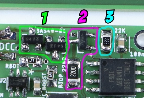 An excerpt of the last photo, with three areas marked and numbered 1, 2 and 3.